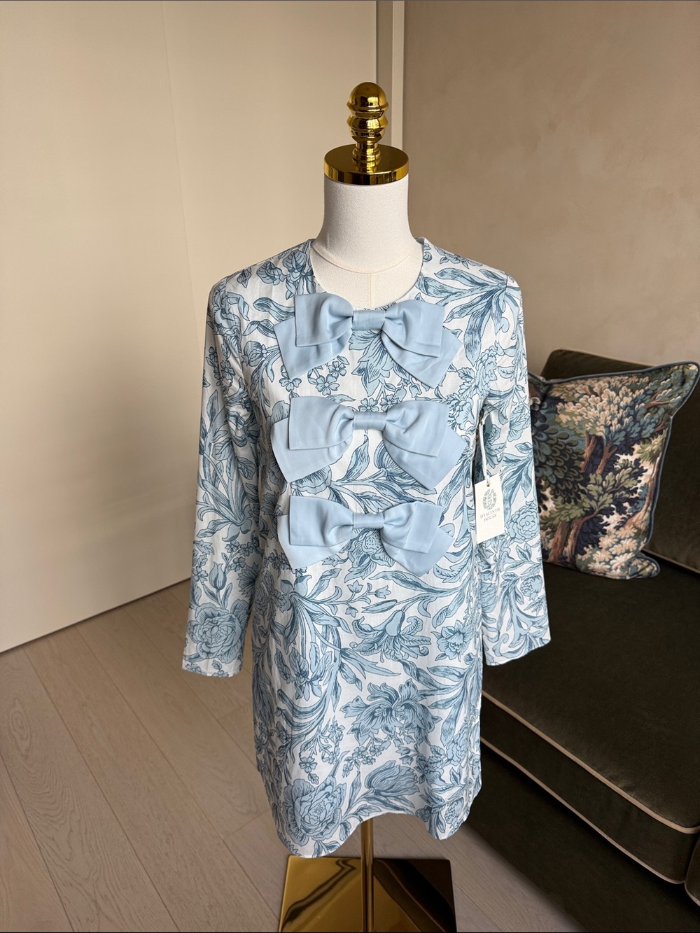 TUCKERNUCK HYACINTH HOUSE Blue Chintz Clarice Bows Dress NWT Size XS - Picture 2 of 11